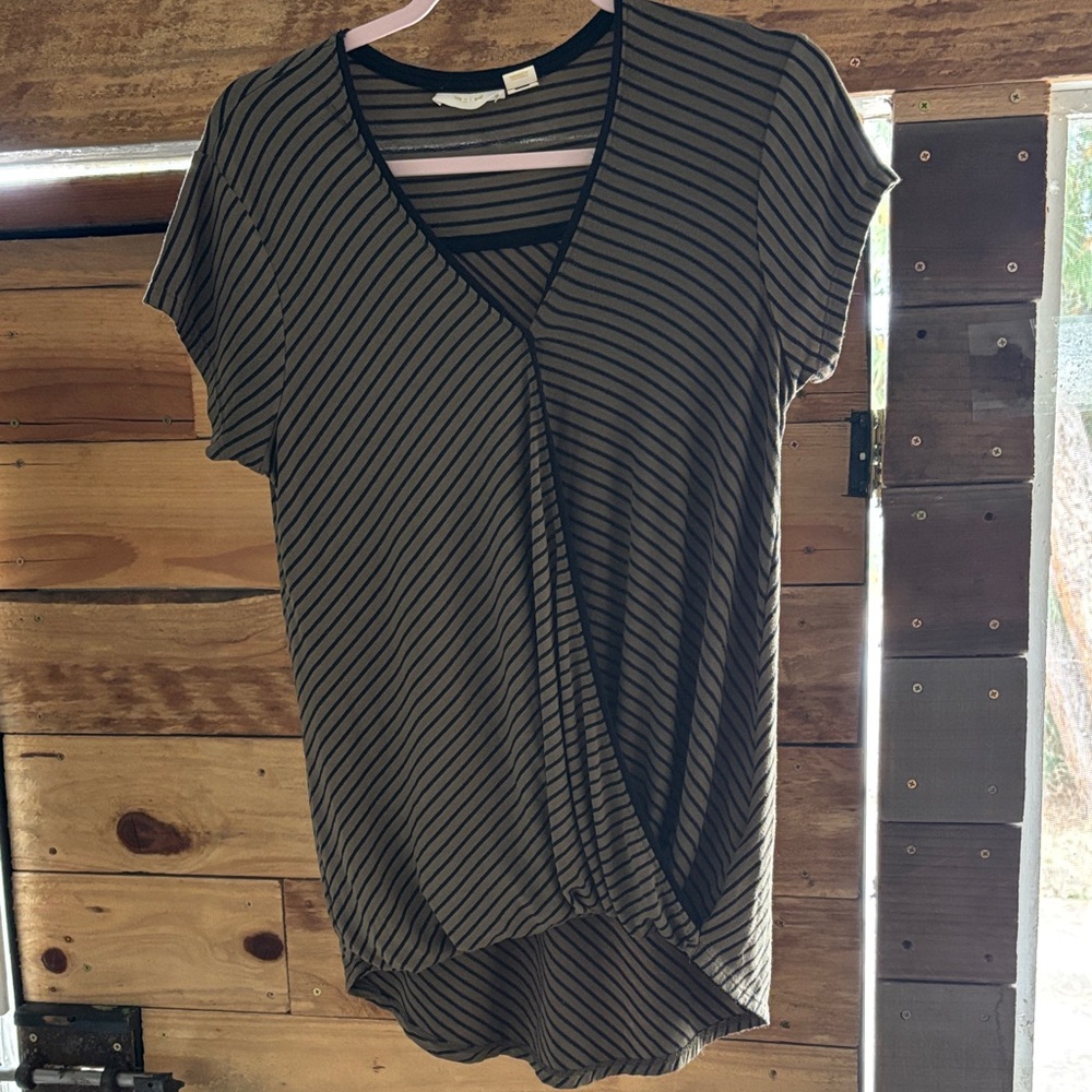 Maeve Olive Green and Black Striped V-Neck Twist Hem Blouse